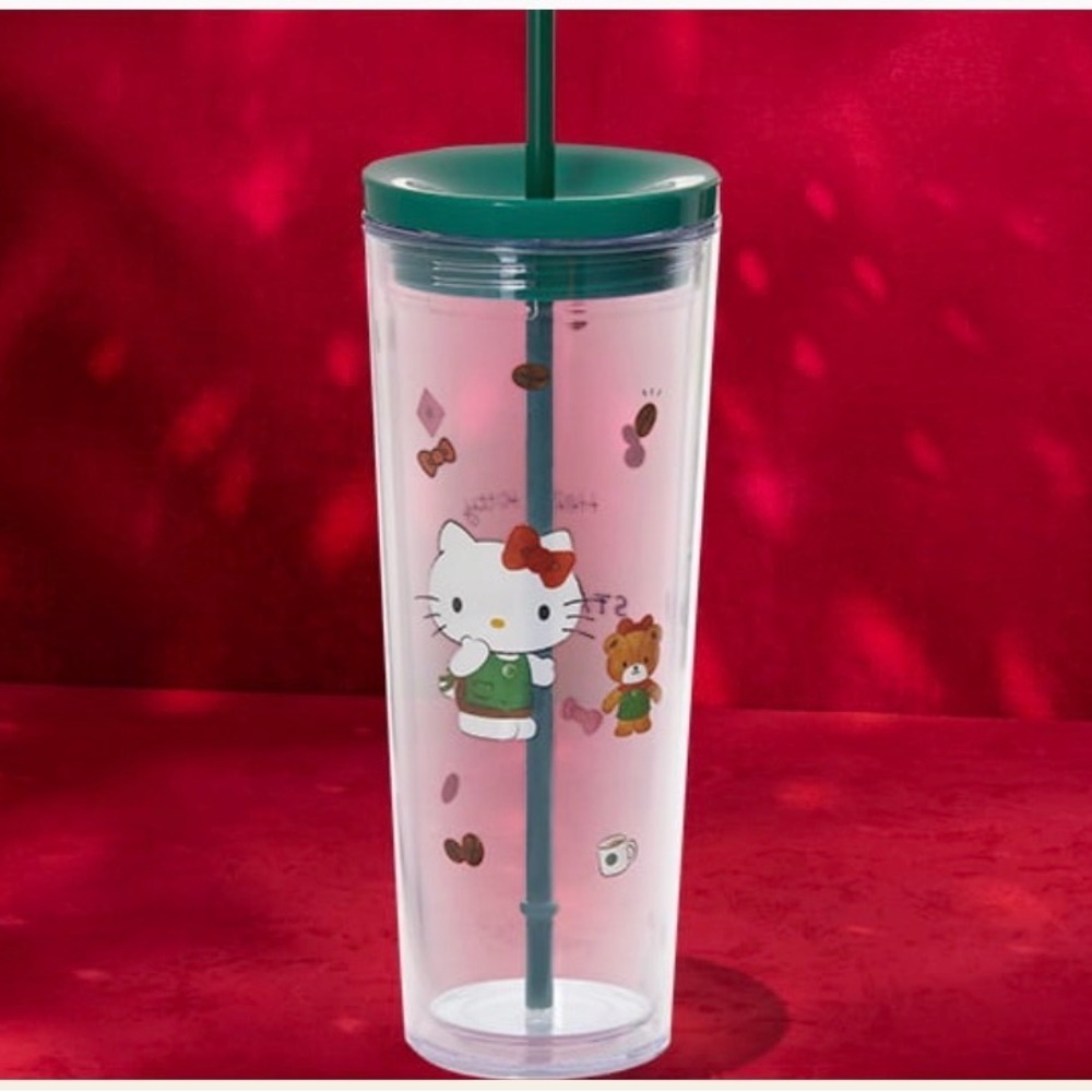 Hello Kitty x Starbucks 24 oz Clear Cold Cup Green Lid & Straw, Limited Edition